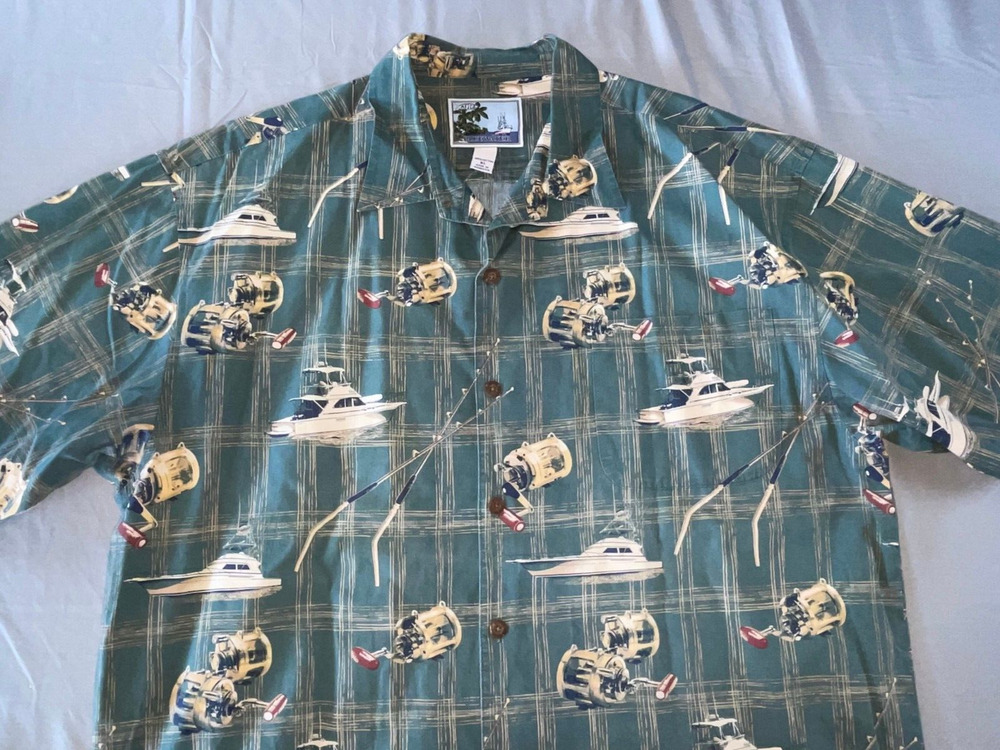 Aftco Blue Water Short Sleeve Button Front Fishing Themed Sport Shirt. XL, EUC!